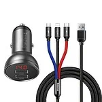 Baseus Digital Display Dual USB 4.8A Car Charger 24W with Three Primary Colors 3-in-1 Cable USB 1.2M Black Suit Grey