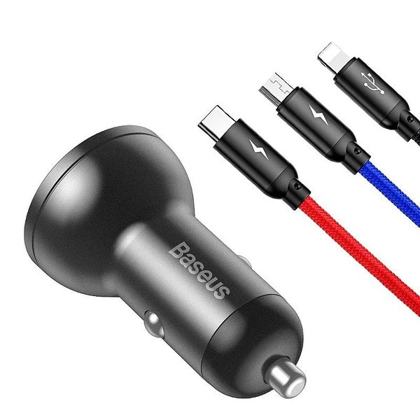 Baseus Digital Display Dual USB 4.8A Car Charger 24W with Three Primary Colors 3-in-1 Cable USB 1.2M Black Suit Grey distributor