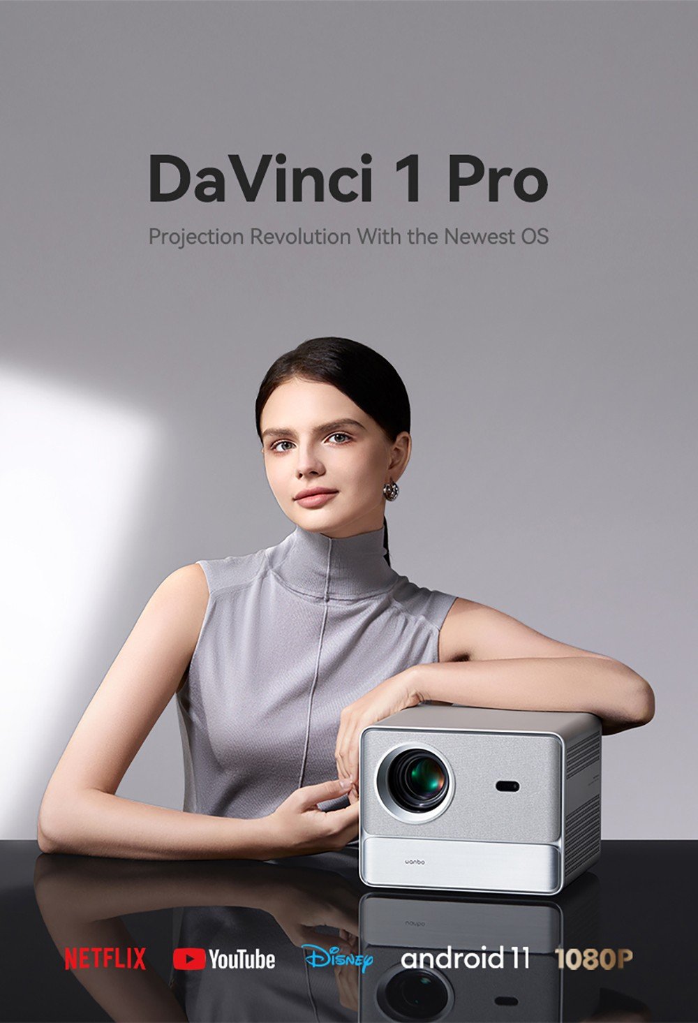 [Netflix Certified] WANBO DaVinci 1 Pro Projektor, 600 ANSI, natívne 1080P, Android 11, 5G/2.4G WiFi, automatické zaostrovanie/ automatická korekcia lichobežníkového skreslenia/ automatické prispôsobenie obrazovky/ vyhýbanie sa prekážkam