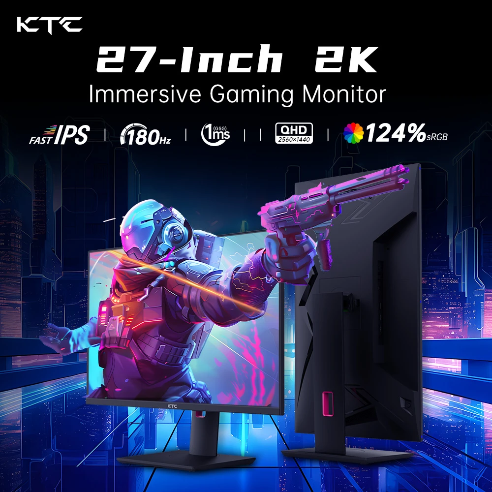 KTC H27T22 27-inch Gaming Monitor 2560x1440 QHD 16:9 ELED 180Hz Fast IPS Panel Screen 1ms GTG Response Time 99% sRGB HDR10 Low Motion Blur Compatible with FreeSync G-SYNC USB 2xHDMI2.0 2xDP1.4 Audio Out Horizontal & Vertical Rotated VESA Mount